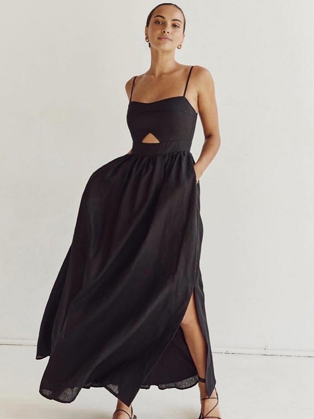 Commense Cotton Sleeveless Pockets Cutout Long Dress in Black size Small. NWT - Picture 2 of 7